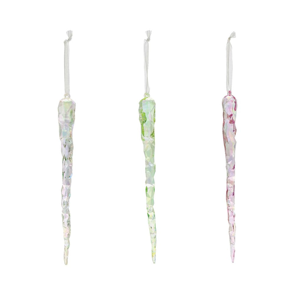 Pearlised Icicle Christmas Hanging Ornament - Green  These Pearlised Icicle Hanging Ornaments are the perfect gift for yourself or a friend. Not only do they sparkle and shine on a Christmas Tree, they looks wonderful as an addition to a gift bag or in any home. Created using a state of the art cutting technology, this product has the look of fine cut crystal.