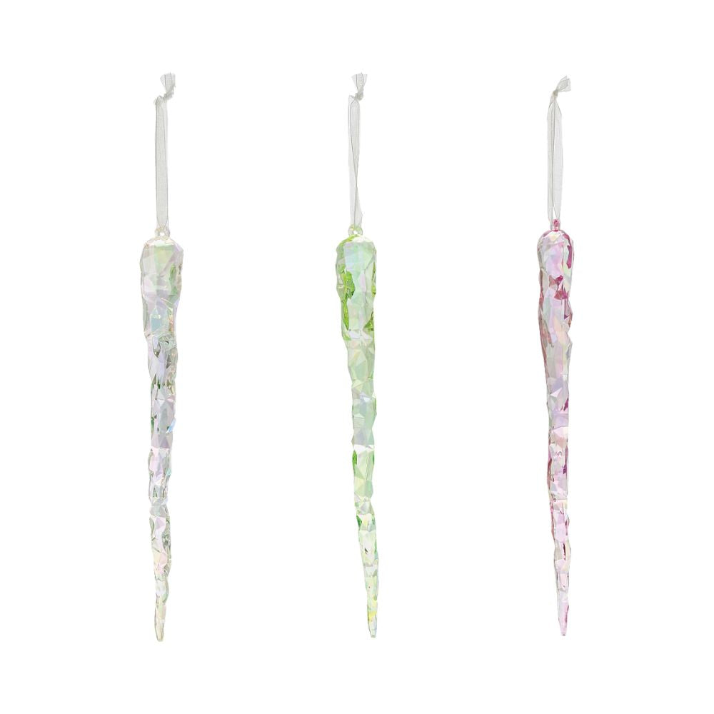 Pearlised Icicle Christmas Hanging Ornament - Pink  These Pearlised Icicle Hanging Ornaments are the perfect gift for yourself or a friend. Not only do they sparkle and shine on a Christmas Tree, they looks wonderful as an addition to a gift bag or in any home. Created using a state of the art cutting technology, this product has the look of fine cut crystal.