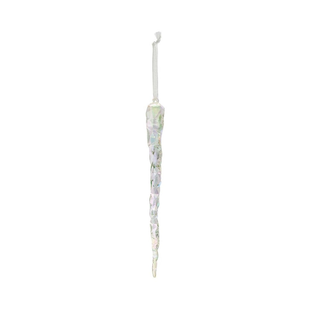 Pearlised Icicle Christmas Hanging Ornament - Clear  These Pearlised Icicle Hanging Ornaments are the perfect gift for yourself or a friend. Not only do they sparkle and shine on a Christmas Tree, they looks wonderful as an addition to a gift bag or in any home. Created using a state of the art cutting technology, this product has the look of fine cut crystal.