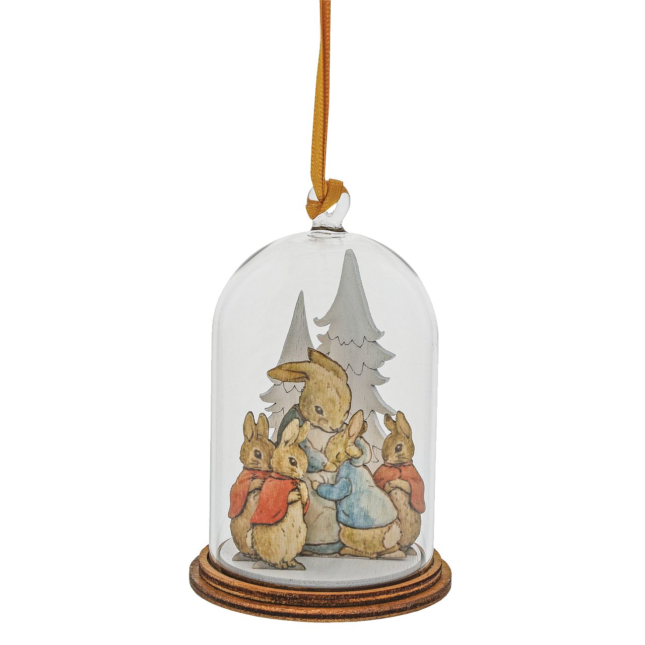 Beatrix Potter Peter Rabbit and Family at Christmas Wooden Hanging Ornament  This festive Peter Rabbit and family wooden hanging ornament has been intricately created and comes encased in a beautiful eco-friendly glass dome. This classic vintage style helps bring to life the original illustrations from the Beatrix Potter stories.