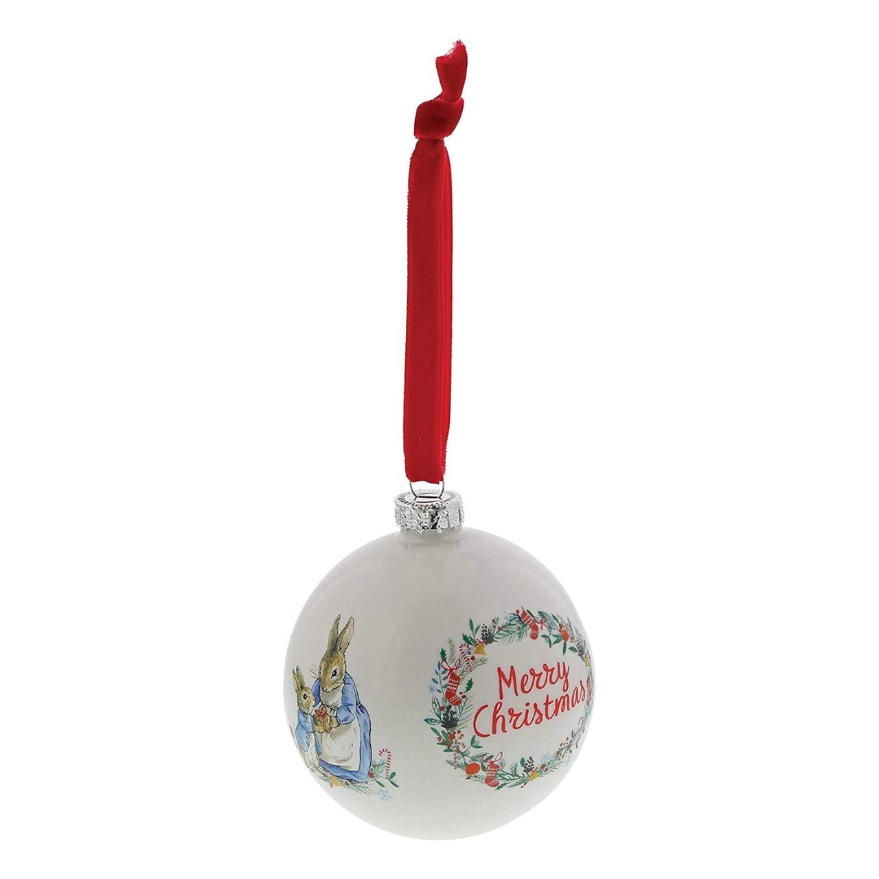 Beatrix Potter Peter Rabbit Christmas Bauble  A beautiful glass Peter Rabbit Bauble that makes a treasured keepsake all year round. The artwork for each product is taken from the original illustrations from the Beatrix Potter stories, helping bring each character to life. Presented in a branded gift box.
