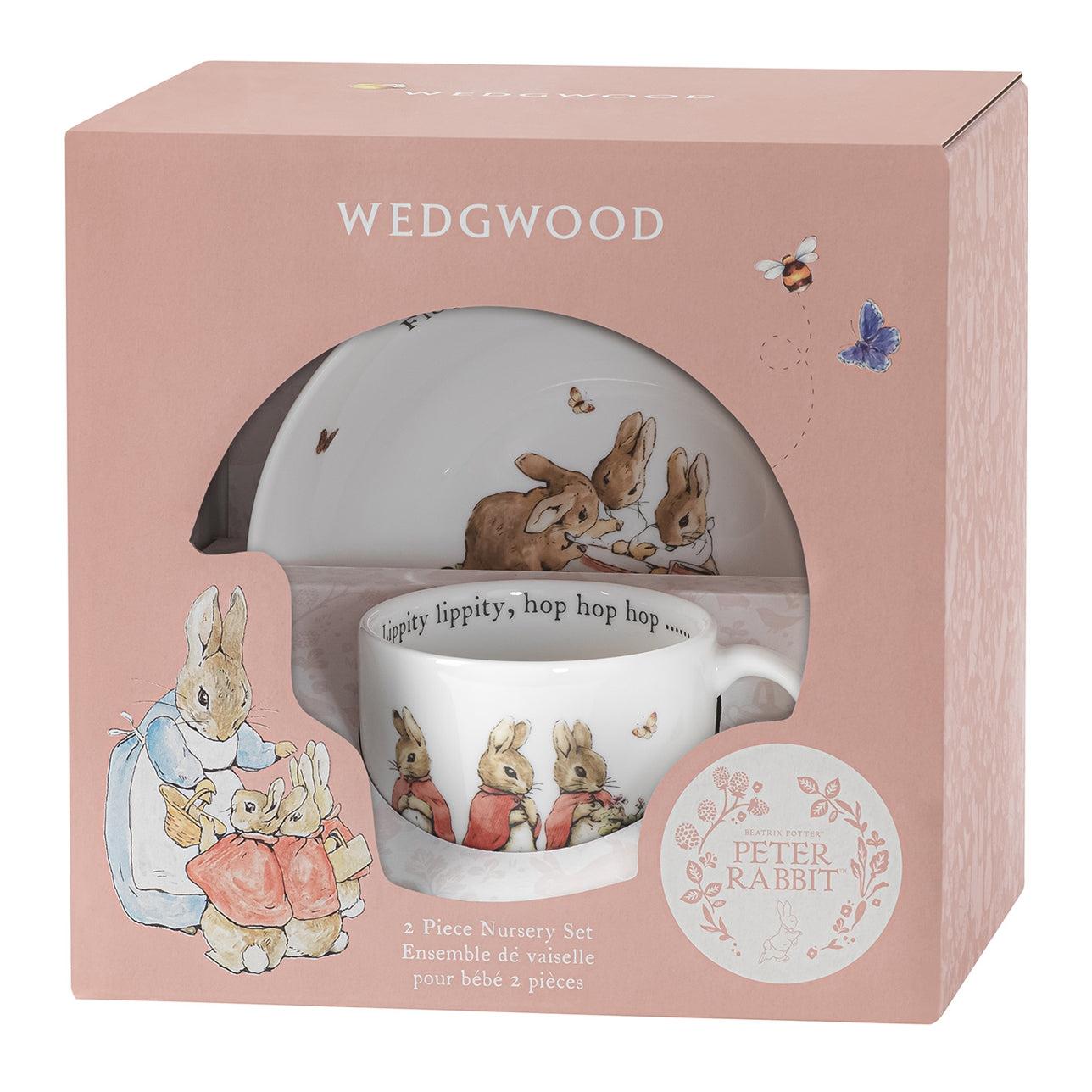 Wedgwood Flopsy, Mopsy and Cottontail 2 Piece Set  Unlock the curious imaginations of children in your life with Beatrix Potter’s cute trio Flopsy, Mopsy and Cottontail. This 2-piece set includes a fine bone china bowl and mug and features the three sisters of Peter Rabbit across all three pieces.