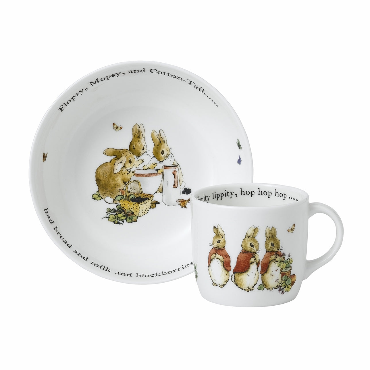 Wedgwood Flopsy, Mopsy and Cottontail 2 Piece Set  Unlock the curious imaginations of children in your life with Beatrix Potter’s cute trio Flopsy, Mopsy and Cottontail. This 2-piece set includes a fine bone china bowl and mug and features the three sisters of Peter Rabbit across all three pieces.