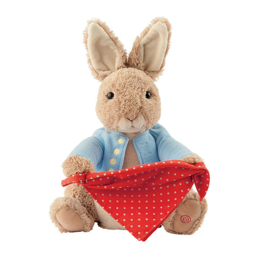 GUND Peter Rabbit Plays Peek-a-Boo with you..  Peter Rabbit plays peek-a-boo with you and speaks as his arms and handkerchief move up and down.  This Peter Rabbit soft toy is made from beautifully soft fabric and is dressed in clothing exactly as illustrated by Beatrix Potter, with his signature blue jacket. The Peter Rabbit collection features the much loved characters from the Beatrix Potter books and this quality and authentic soft toy is sure to be adored for many years to come.