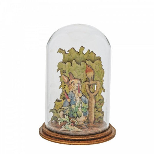 Peter Rabbit with Radishes Wooden Figurine  This charming Peter Rabbit with Radishes wooden figurine has been intricately created and comes encased in a beautiful eco-friendly glass dome.