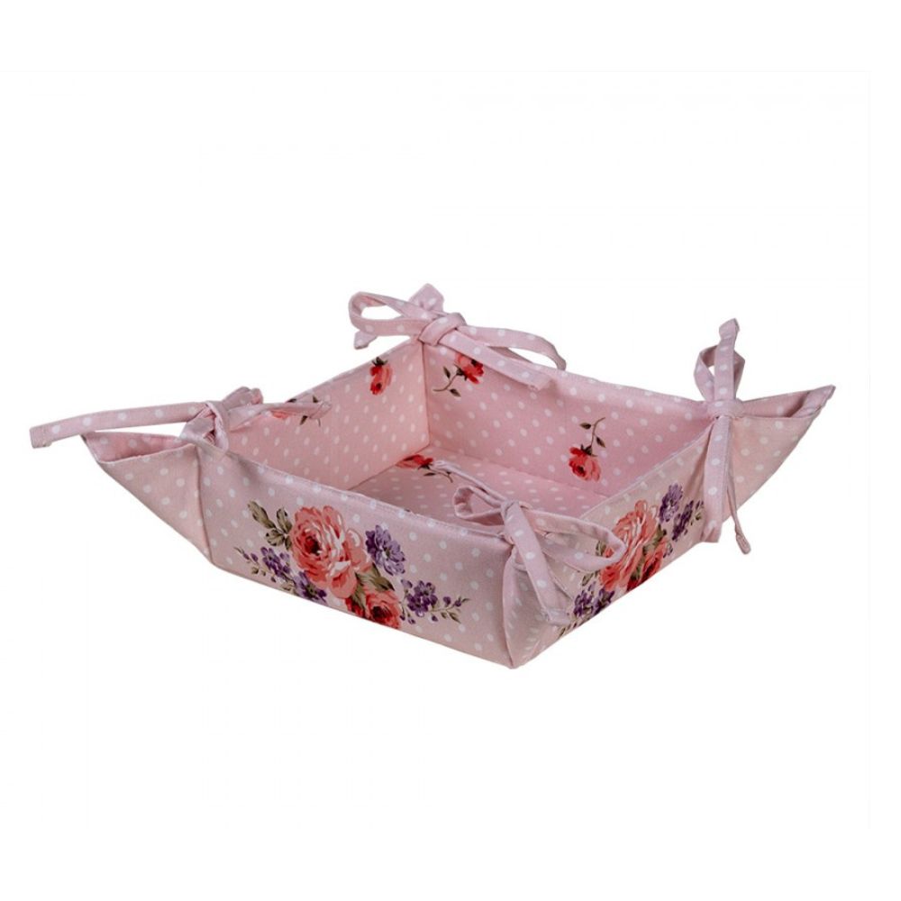 Clayre & Eef Country Style Pink Square Bread Basket Roses Cotton  Beautiful, decorative, colourful, cotton bread basket, with a pattern of pink violets, in a romantic style. Bread Serving Basket
