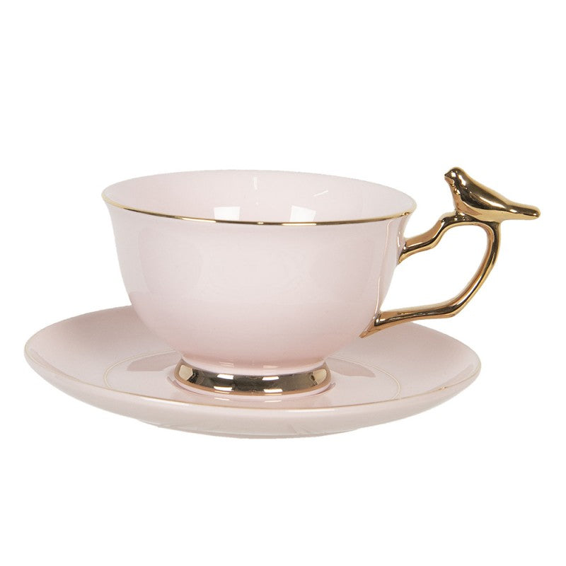 Clayre & Eef Vintage Cup and Saucer Pink Porcelain with Bird & Gold Rim  Pink Porcelain Bird Round Tableware Set