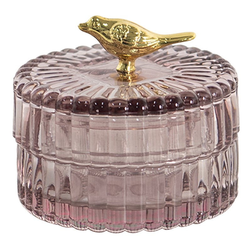 Clayre & Eef Country Style Pink Glass Bonbonniere Ornamental Box  Bonbonniere Pink Glass Bird Ornamental Box