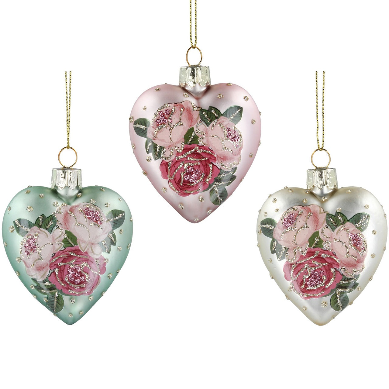 Pink Roses Heart-Shaped Christmas Hanging Decoration - Green  Browse our beautiful range of luxury Christmas tree decorations and ornaments for your tree this Christmas.  Add style to your Christmas tree with this elegant glittering heart-shaped hanging ornament with pink roses.