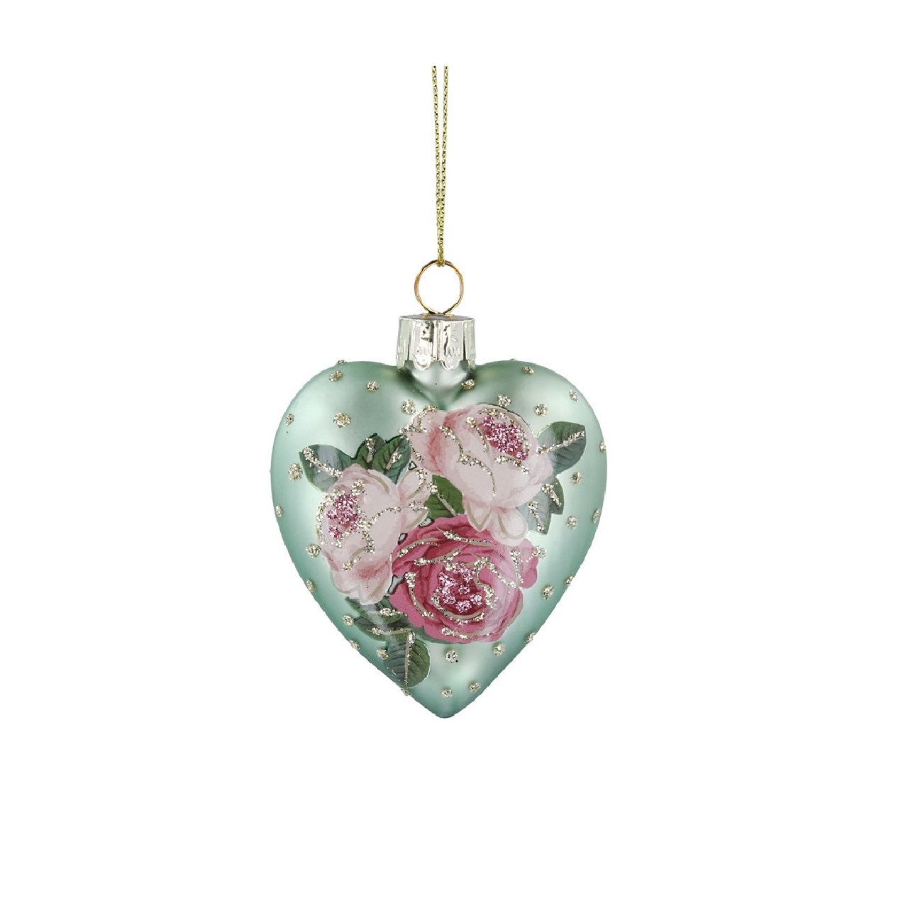 Pink Roses Heart-Shaped Christmas Hanging Decoration - Green  Browse our beautiful range of luxury Christmas tree decorations and ornaments for your tree this Christmas.  Add style to your Christmas tree with this elegant glittering heart-shaped hanging ornament with pink roses.