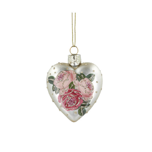 Pink Roses Heart-Shaped Christmas Hanging Decoration - Pearl  Browse our beautiful range of luxury Christmas tree decorations and ornaments for your tree this Christmas.  Add style to your Christmas tree with this elegant glittering heart-shaped hanging ornament with pink roses.