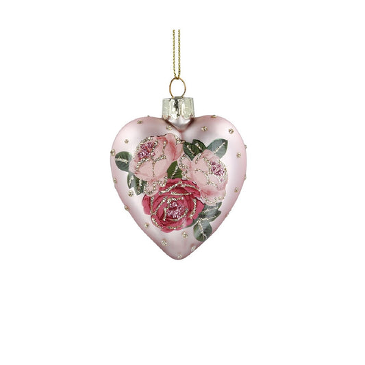 Pink Roses Heart-Shaped Christmas Hanging Decoration - Pink  Browse our beautiful range of luxury Christmas tree decorations and ornaments for your tree this Christmas.  Add style to your Christmas tree with this elegant glittering heart-shaped hanging ornament with pink roses.