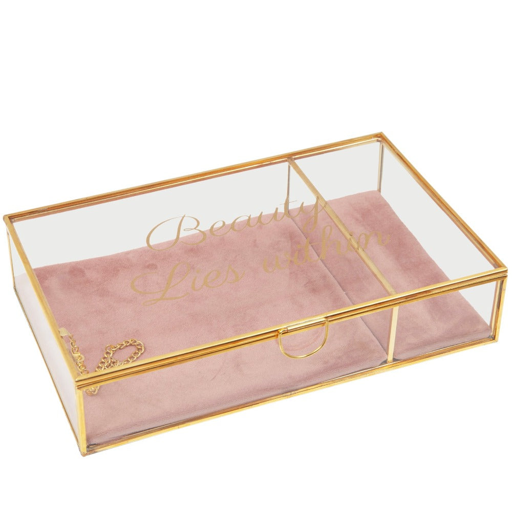 HESTIA Pink Trinket Box - Beauty Lies Within  An elegant glass and gold metal jewellery box with pink velveteen cushioned interior. From the Nature Trail collection by HESTIA® - bring some subtle Spring vitality to your home. The lid features a gold foil script title - Beauty Lies Within. So fill with sparkling, twinkling things.