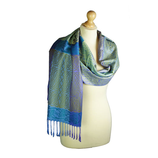 Mulligans Ireland Rathlin Celtic Pashmina Scarf  Rathlin Island lies off the north coast of Antrim near the ‘Giants Causeway’. Local legend tells of the ‘Children of Lir’ King Lir had four children one girl, Fionnuala, and three sons, Aodh and twins, Fiachra and Conn.