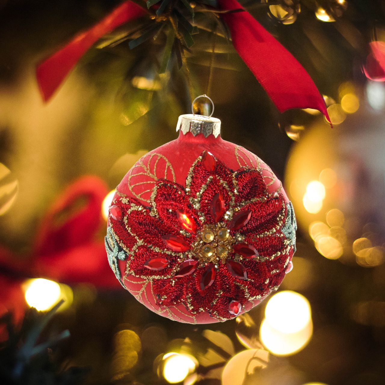 Shishi Glass Red Ball Frosted with Poinsettia Embroidery Hanging Ornament  Browse our beautiful range of luxury festive Christmas tree decorations, baubles & ornaments for your tree this Christmas.