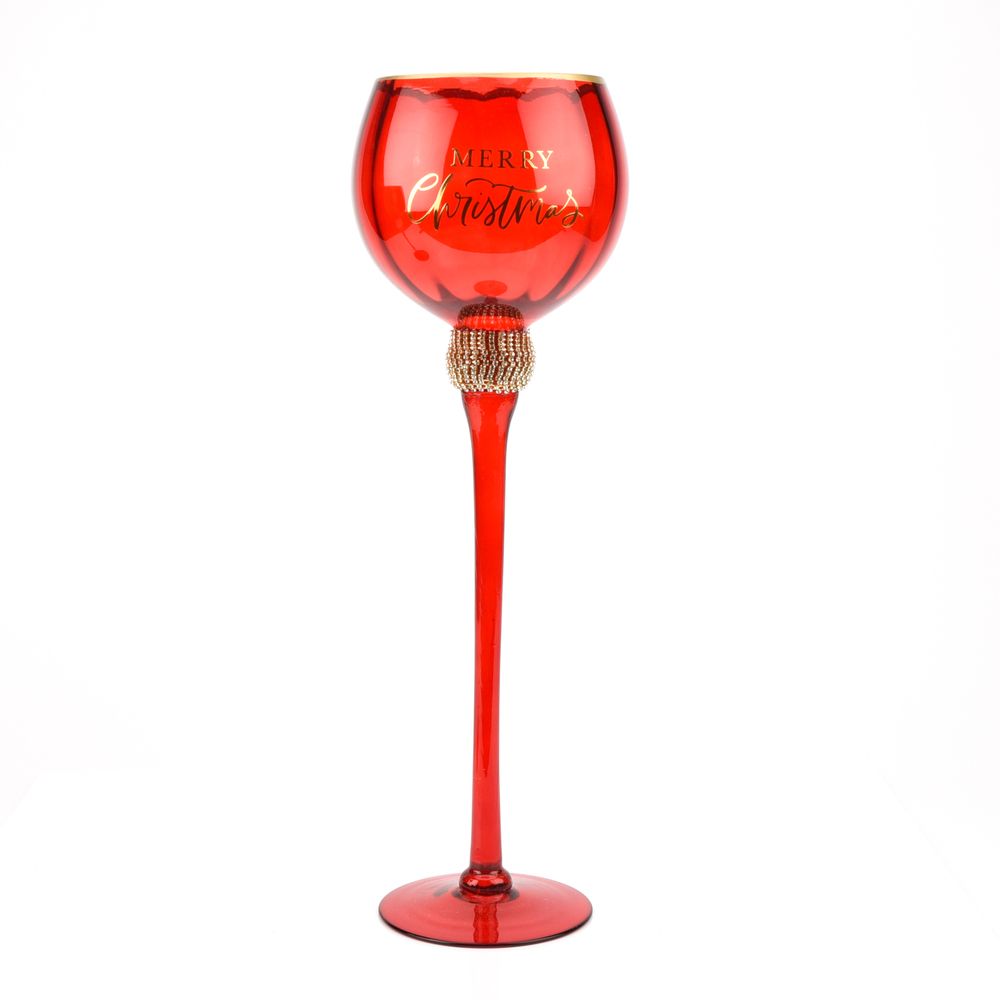 Red Glass Goblet Style Candle Holders Merry Xmas - Set of 3  A trio of red glass candle holdless feature a distinctive goblet design in three different sizes, complete with gold coloured embellishment around the neck and matching ‘Merry Christmas’ title.