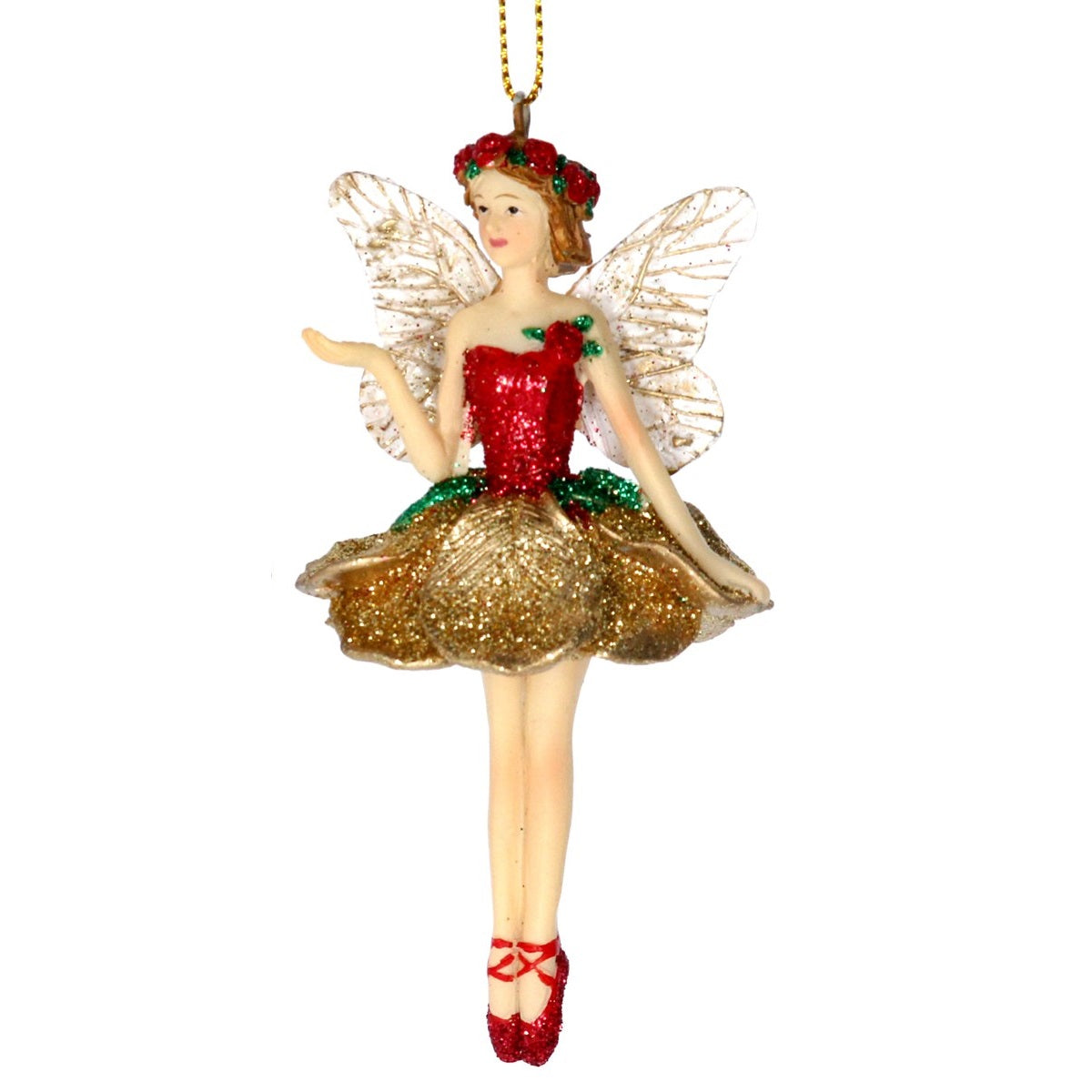 Gisela Graham Gold Glitter Resin Fairy Christmas Hanging Ornament - Gold  Browse our beautiful range of luxury Christmas tree decorations, fairy & ornaments for your tree this Christmas.  Add style to your Christmas tree with these elegant Christmas resin Fairy decorated with red and gold glitter with rose.