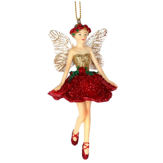 Gisela Graham Red Glitter Resin Fairy Christmas Hanging Ornament - Red  Browse our beautiful range of luxury Christmas tree decorations, fairy & ornaments for your tree this Christmas.  Add style to your Christmas tree with these elegant Christmas resin  Fairy decorated with red and gold glitter with rose. 