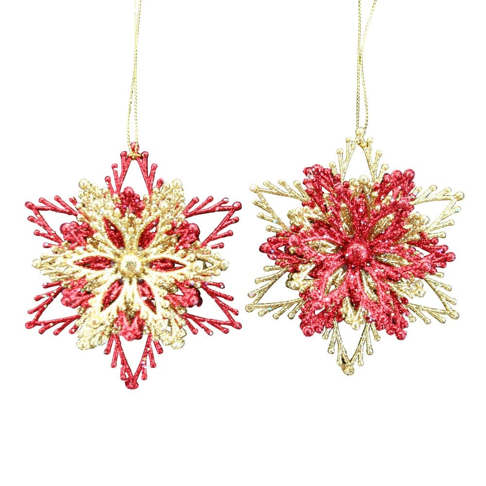 Red & Gold Layered Snowflake Christmas Decoration - Gold  Browse our beautiful range of luxury Christmas tree decorations and ornaments for your tree this Christmas.  Add style to your Christmas tree with this glittering red and gold layered snowflake shaped hanging ornament.