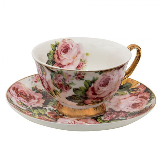 Clayre & Eef Retro & Vintage Pink Porcelain Flowers Cup And Saucer  Retro & Vintage Pink Porcelain Flowers Cup And Saucer