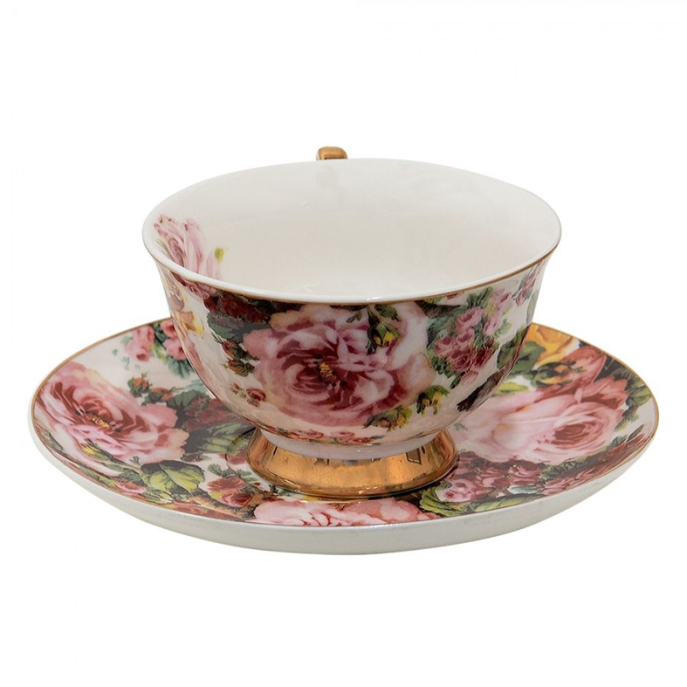 Clayre & Eef Retro & Vintage Pink Porcelain Flowers Cup And Saucer  Retro & Vintage Pink Porcelain Flowers Cup And Saucer