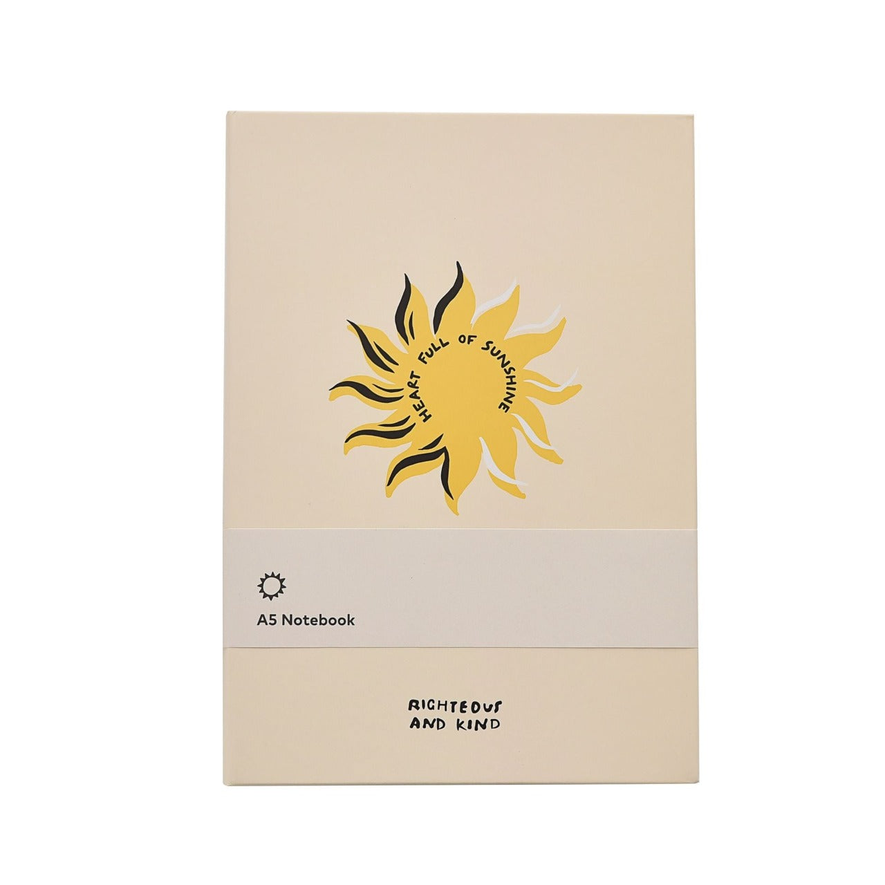 Righteous & Kind A5 Notebook  A stylish notebook that would make a beautiful gift for those who love to note down their thoughts or doodle. With a gold sun design, this would make a cute addition to any free spirit's stationary collection.