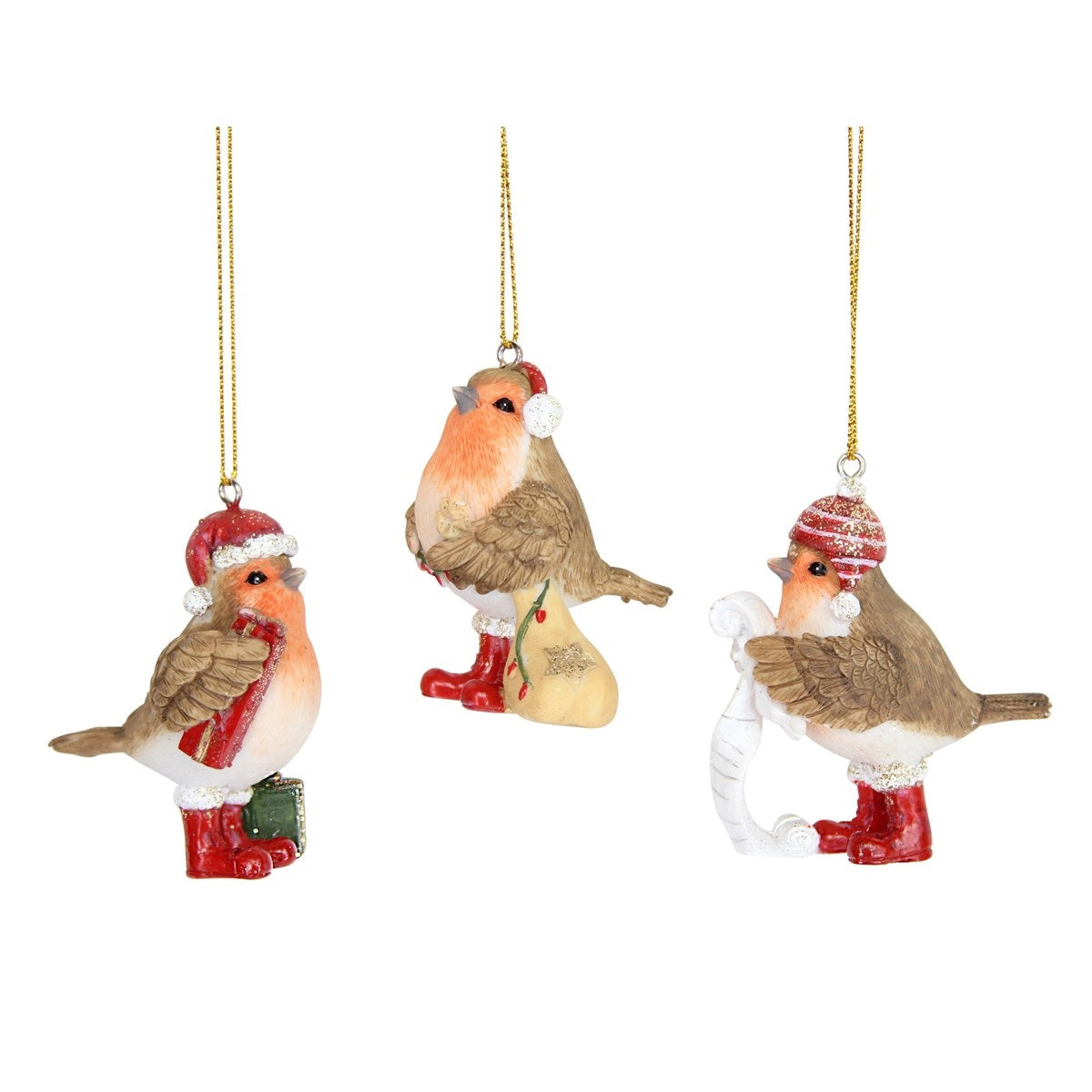 Gisela Graham Robin in Red Boots Hanging Ornament - With Christmas Scroll  Browse our beautiful range of luxury Christmas tree decorations, fairy & ornaments for your tree this Christmas.  Add style to your Christmas tree with these elegant Christmas resin Robin in red boots, red cap holding Christmas scroll.