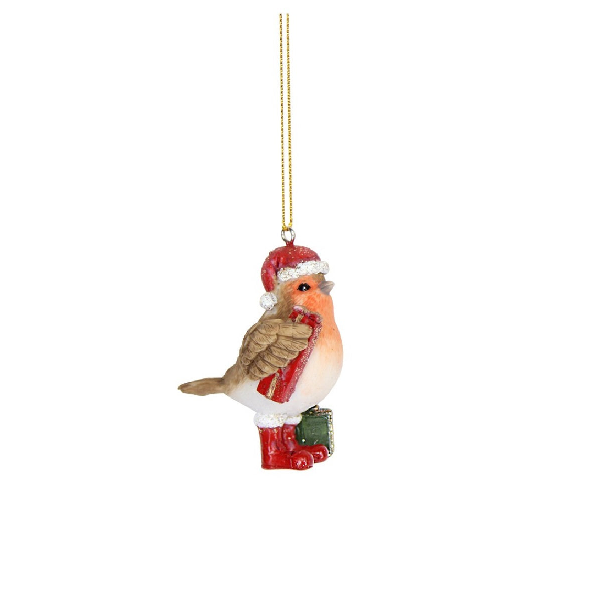 Gisela Graham Robin in Red Boots Hanging Ornament - With Christmas Presents  Browse our beautiful range of luxury Christmas tree decorations, fairy & ornaments for your tree this Christmas.  Add style to your Christmas tree with these elegant Christmas resin Robin in red boots, red cap holding Christmas presents.