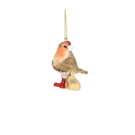Gisela Graham Robin in Red Boots Hanging Ornament - With Christmas Sack  Browse our beautiful range of luxury Christmas tree decorations, fairy & ornaments for your tree this Christmas.  Add style to your Christmas tree with these elegant Christmas resin Robin in red boots, red cap holding Christmas sack.