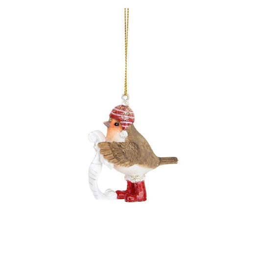 Gisela Graham Robin in Red Boots Hanging Ornament - With Christmas Scroll  Browse our beautiful range of luxury Christmas tree decorations, fairy & ornaments for your tree this Christmas.  Add style to your Christmas tree with these elegant Christmas resin Robin in red boots, red cap holding Christmas scroll.