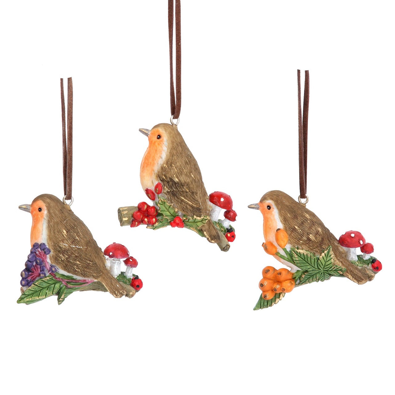 Gisela Graham Robin Perched on Twig Christmas Hanging Ornament - Orange Berry  Browse our beautiful range of luxury Christmas tree decorations, fairy & ornaments for your tree this Christmas.  Add style to your Christmas tree with these elegant Christmas resin Robin perched on a twig decorated with toadstool and orange berries.