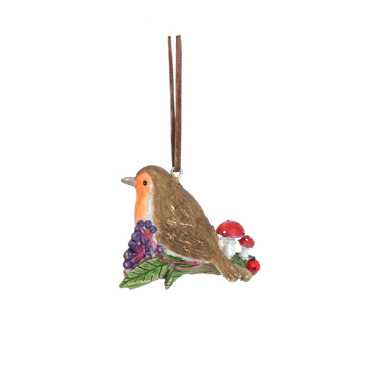 Gisela Graham Robin Perched on Twig Christmas Hanging Ornament - Blue Berry  Browse our beautiful range of luxury Christmas tree decorations, fairy & ornaments for your tree this Christmas.  Add style to your Christmas tree with these elegant Christmas resin Robin perched on a twig decorated with toadstool and blue berries.