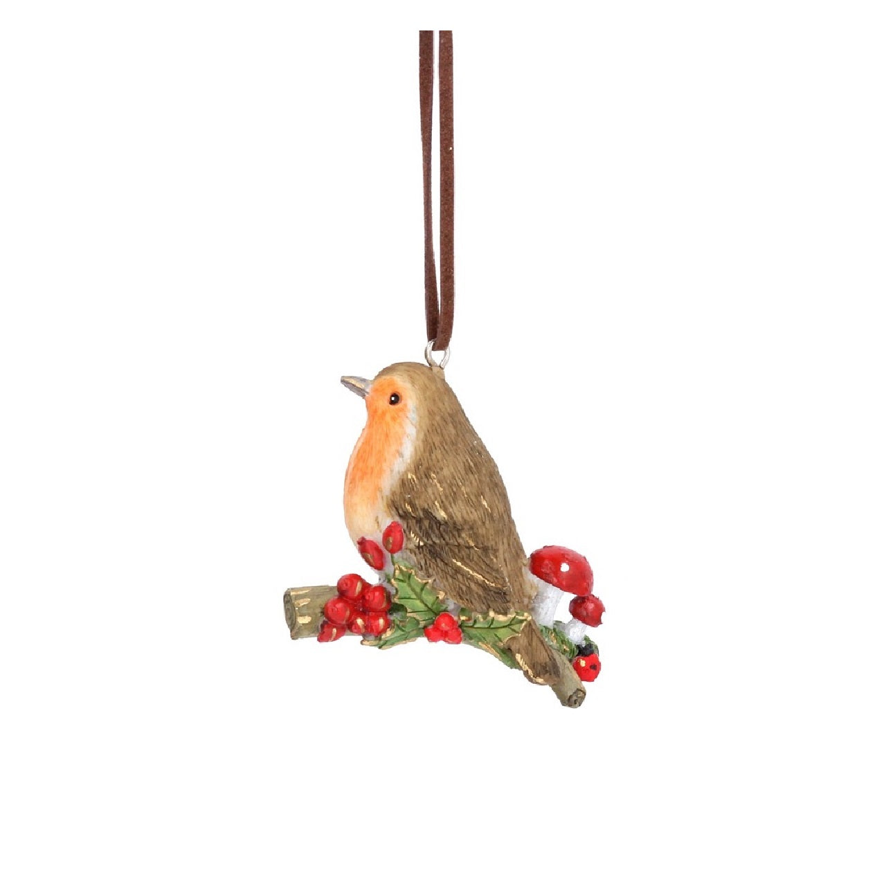 Gisela Graham Robin Perched on Twig Christmas Hanging Ornament - Red Berry  Browse our beautiful range of luxury Christmas tree decorations, fairy & ornaments for your tree this Christmas.  Add style to your Christmas tree with these elegant Christmas resin Robin perched on a twig decorated with toadstool and red berries.