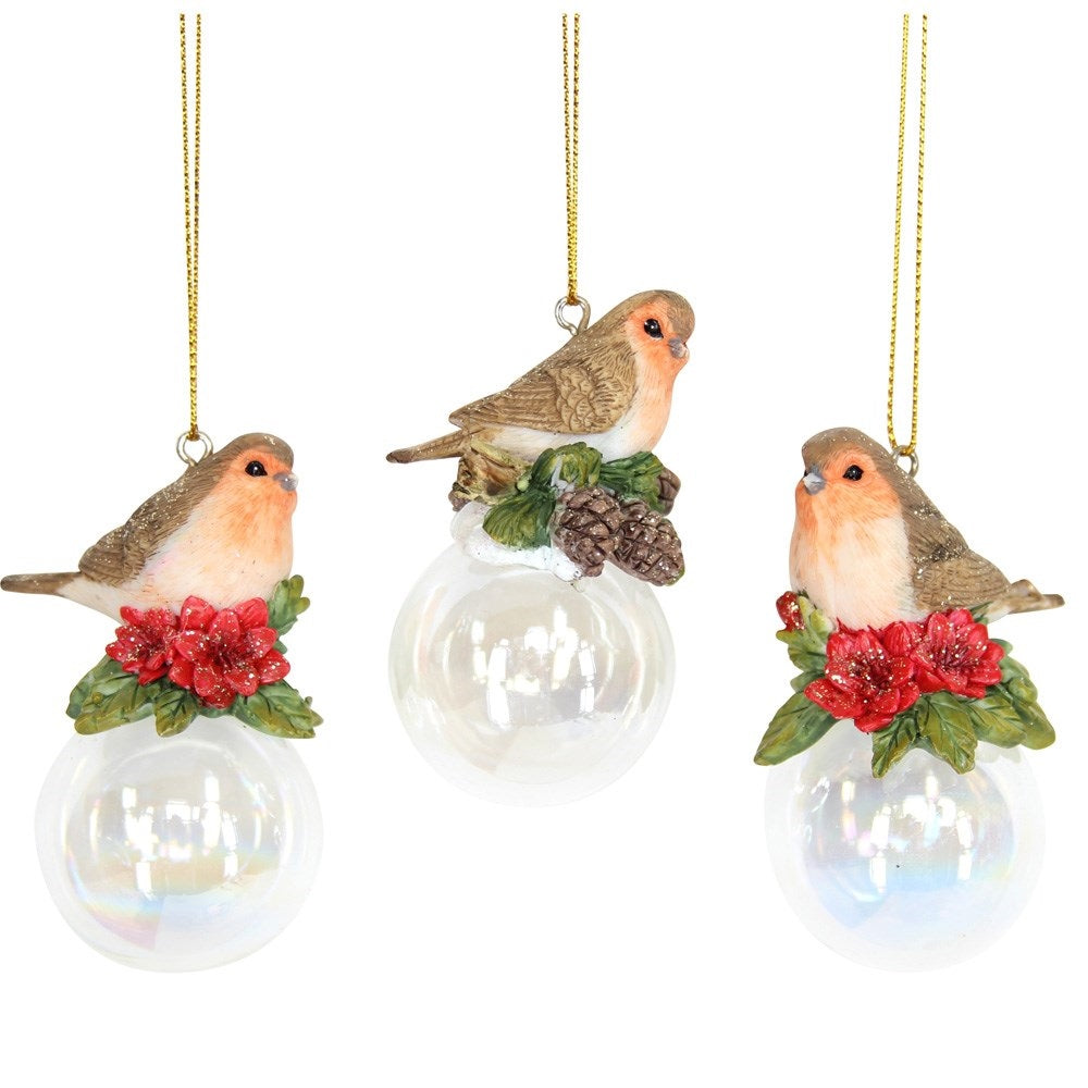 Gisela Graham Robin on Soap Bubble Christmas Hanging Ornament - Red Flower  Browse our beautiful range of luxury Christmas tree decorations, fairy & ornaments for your tree this Christmas.  Add style to your Christmas tree with these elegant Christmas resin Robin perched on a Soap Bubble decorated with and red flower.