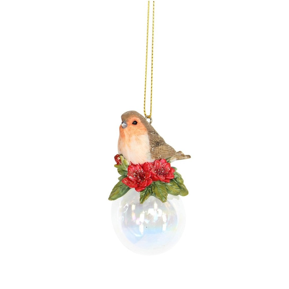 Gisela Graham Robin on Soap Bubble Christmas Hanging Ornament - Red Flower  Browse our beautiful range of luxury Christmas tree decorations, fairy & ornaments for your tree this Christmas.  Add style to your Christmas tree with these elegant Christmas resin Robin perched on a Soap Bubble decorated with and red flower.