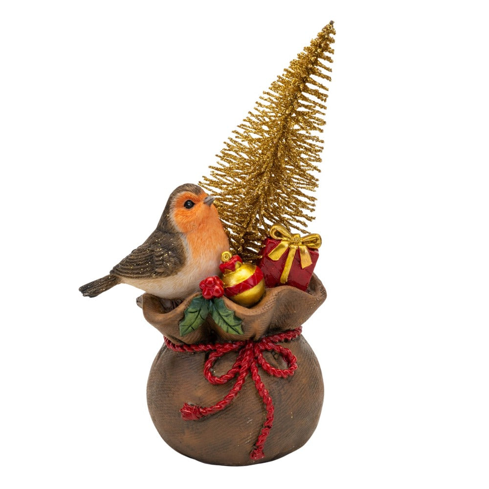 Robin With Gold Christmas Tree And Present  Imagine a walk through a dense dewy fir forest on a crisp winter morning. The Enchanted Forest Christmas collection is made up of felt, burlap & pine materials on a range of simple earthy decorations, gifts and home accessories with beautiful leafy patterns and gold embellishment.