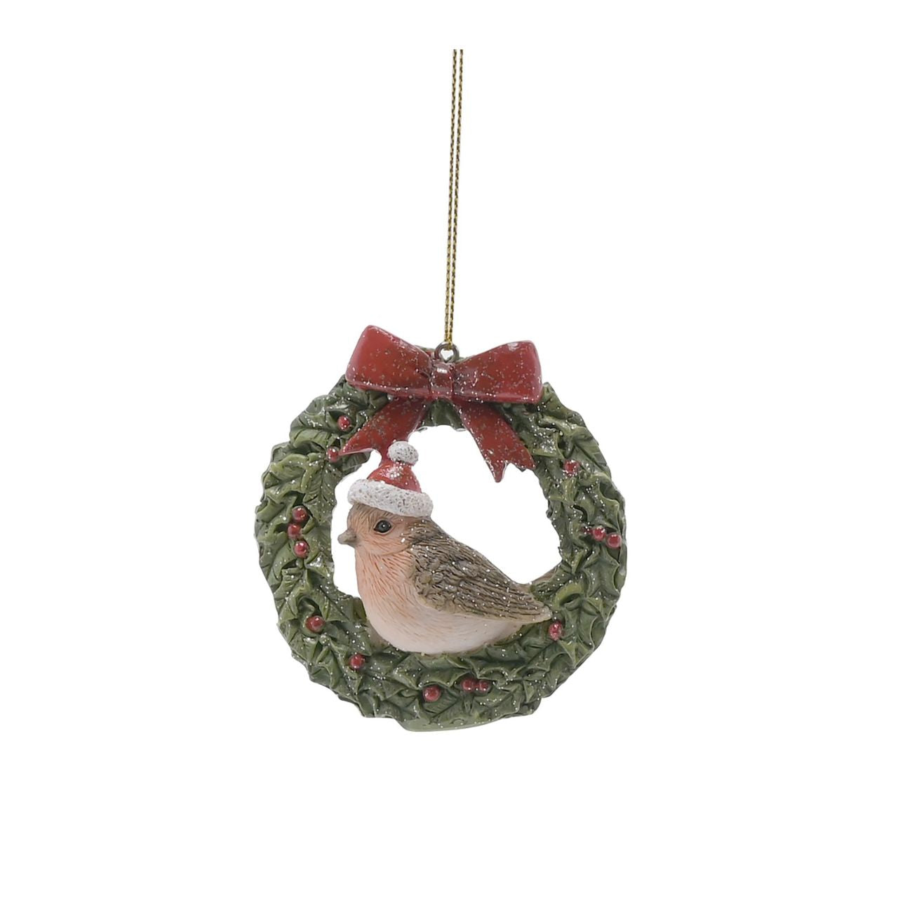 Robin Wreath Christmas Hanging Decoration  A Robin in wreath Christmas decoration.  This standout decoration takes centre stage when displayed on the Christmas tree.