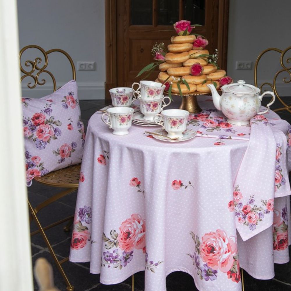 Clayre & Eef Romantic Roses Pink Cotton Tablecloth Square 150 x 150 cm  This cheerful textile series brightens up the entire home. The combination of beautifully designed roses, the pastel pink colour and the white dot pattern make this a colourful whole.