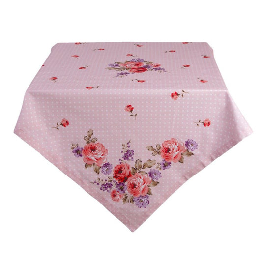 Clayre & Eef Romantic Roses Pink Cotton Tablecloth Square 150 x 150 cm  This cheerful textile series brightens up the entire home. The combination of beautifully designed roses, the pastel pink colour and the white dot pattern make this a colourful whole.