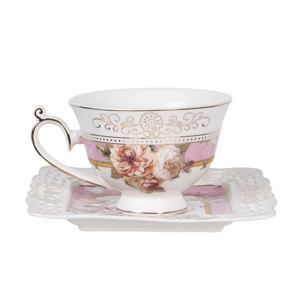 Clayre & Eef Romantic White Pink Porcelain Flowers Cup and Saucer  Clayre & Eef's Romantic White style cup and saucer with flowers is perfect for adding a homey, rustic touch to tea time.