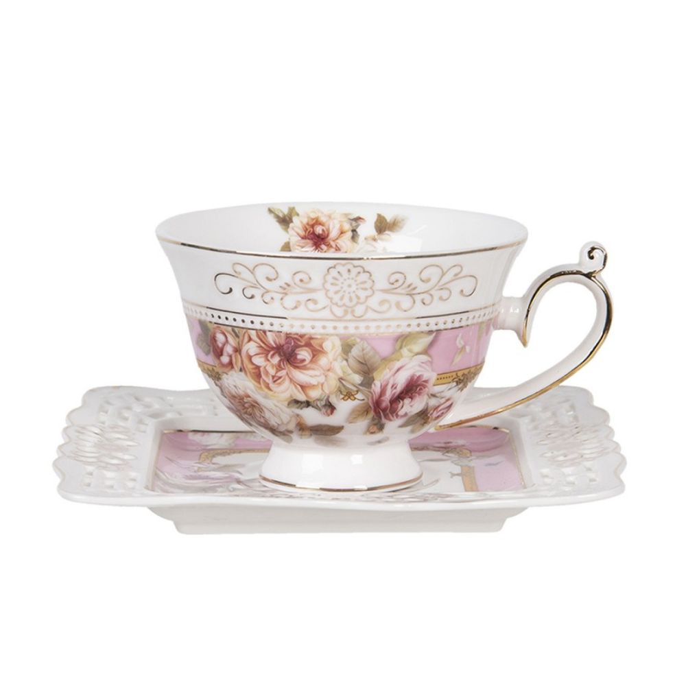 Clayre & Eef Romantic White Pink Porcelain Flowers Cup and Saucer  Clayre & Eef's Romantic White style cup and saucer with flowers is perfect for adding a homey, rustic touch to tea time.