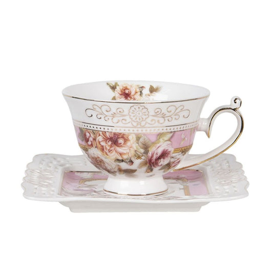 Clayre & Eef Romantic White Pink Porcelain Flowers Cup and Saucer  Clayre & Eef's Romantic White style cup and saucer with flowers is perfect for adding a homey, rustic touch to tea time.