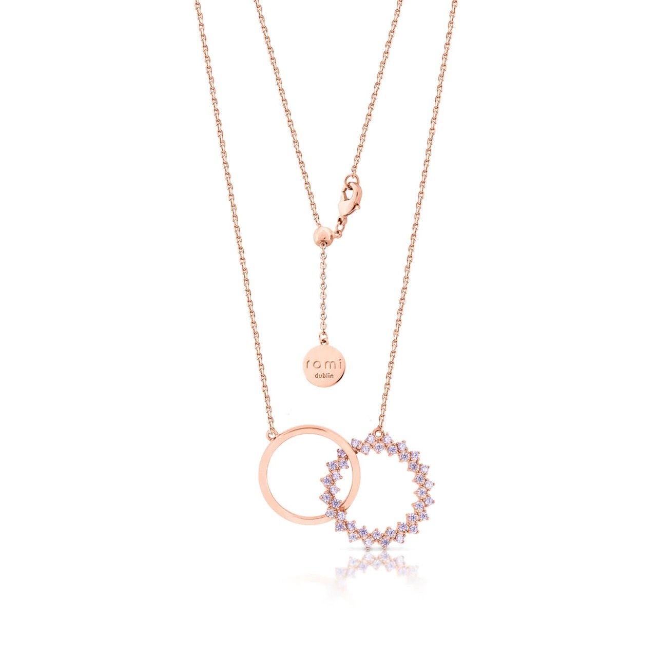 Romi Dublin Rose Gold Purple Interlocking Pendant  Simple and understated this collection has a contemporary and sleek look that will allow you to accessorise with any outfit.