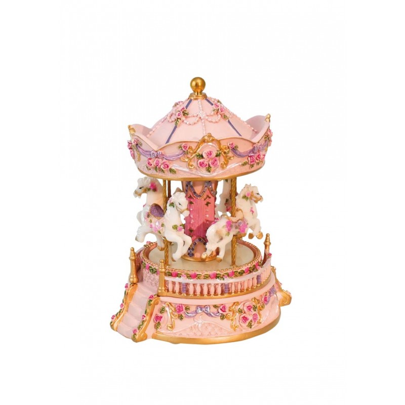 Pink Carousel with Flowers  Rose-colored carousel with flowers. When you wind the carousel up at the roof, the four horses rotate to the melody “Blue Danube”.