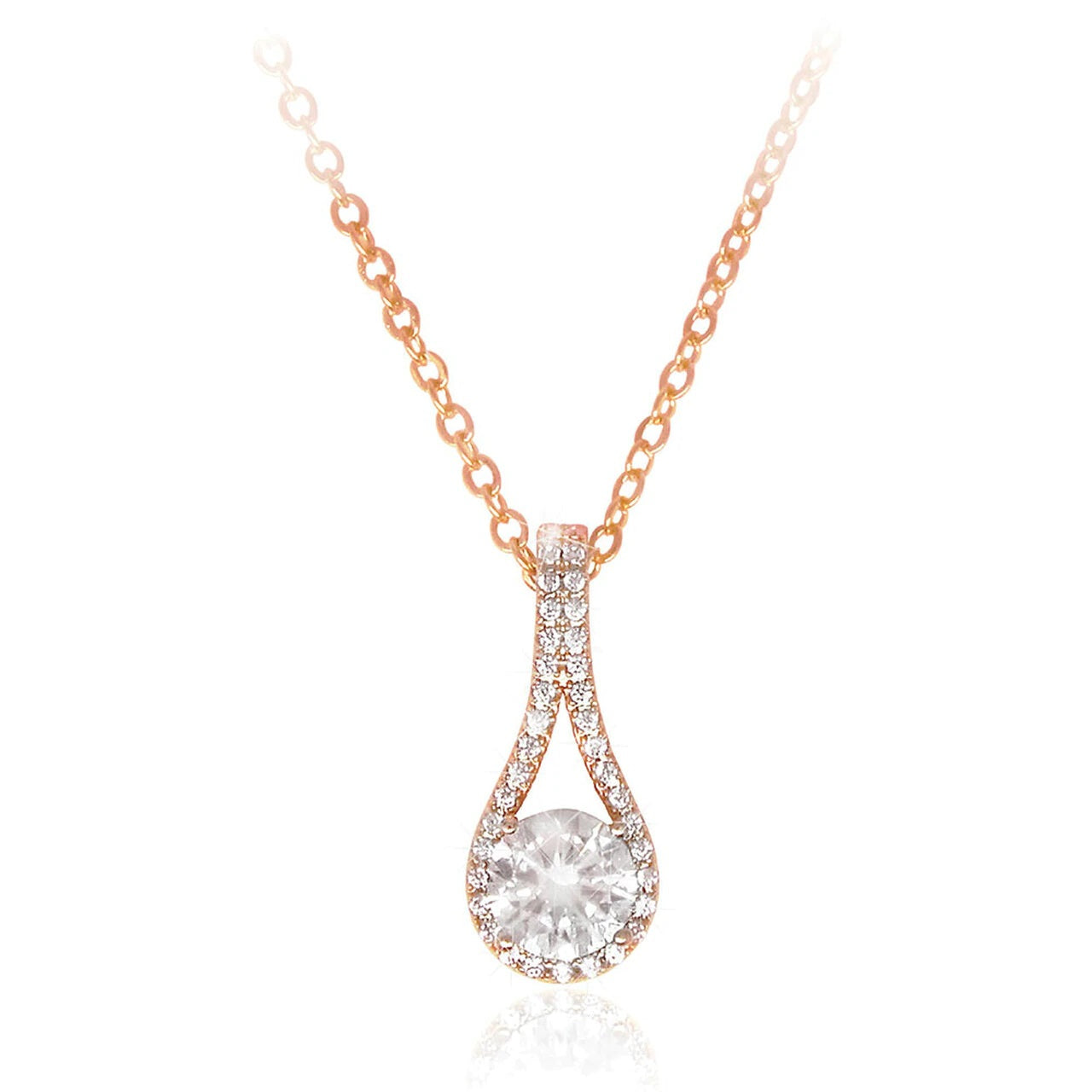 Tipperary Crystal Rose Gold Pendant With Round CZ In Hammock  Fashioned in precious rose gold, this elegant pendant features an elongated open tear drop shaped frame lined with exquisite shimmering round clear crystals. Anchoring the design is a large round cut crystal.