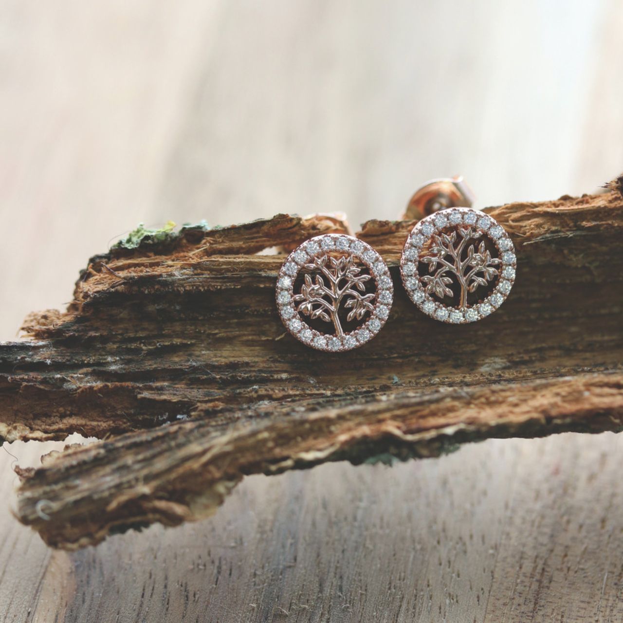 Tipperary Crystal Rose Gold Tree of Life Circle Stud Earrings  Crafted in rose gold, each eye catching rose gold stud is a full sparkling circle of clear cz crystals surrounding a delicate polished rose gold tree. They secure comfortably with push backs.