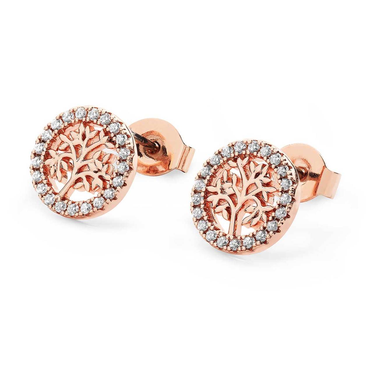 Tipperary Crystal Rose Gold Tree of Life Circle Stud Earrings  Crafted in rose gold, each eye catching rose gold stud is a full sparkling circle of clear cz crystals surrounding a delicate polished rose gold tree. They secure comfortably with push backs.