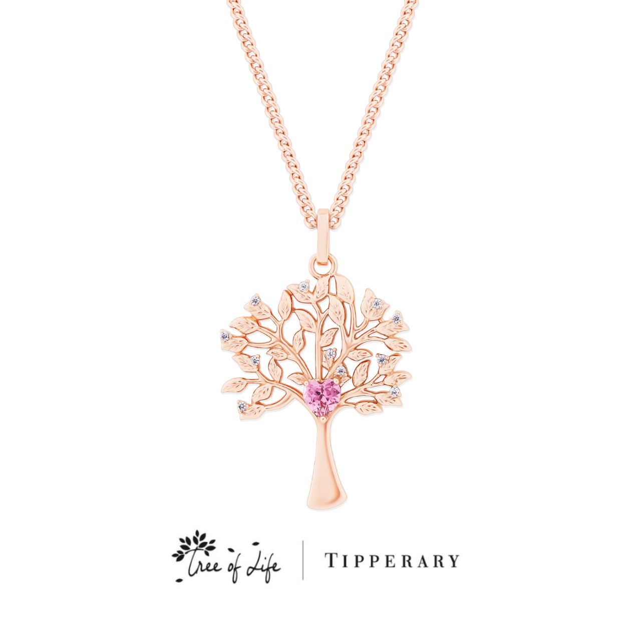 Tipperary Crystal Tree of Life & Pink Heart CZ Rose Gold Pendant  The tree of life is a symbol of a fresh start on life, positive energy, good health and a bright future. The symbolism of the Tree of Life is ultimately about the forces of nature combining to create balance and harmony. The branches reach for the sky, the roots reach down into the ground.
