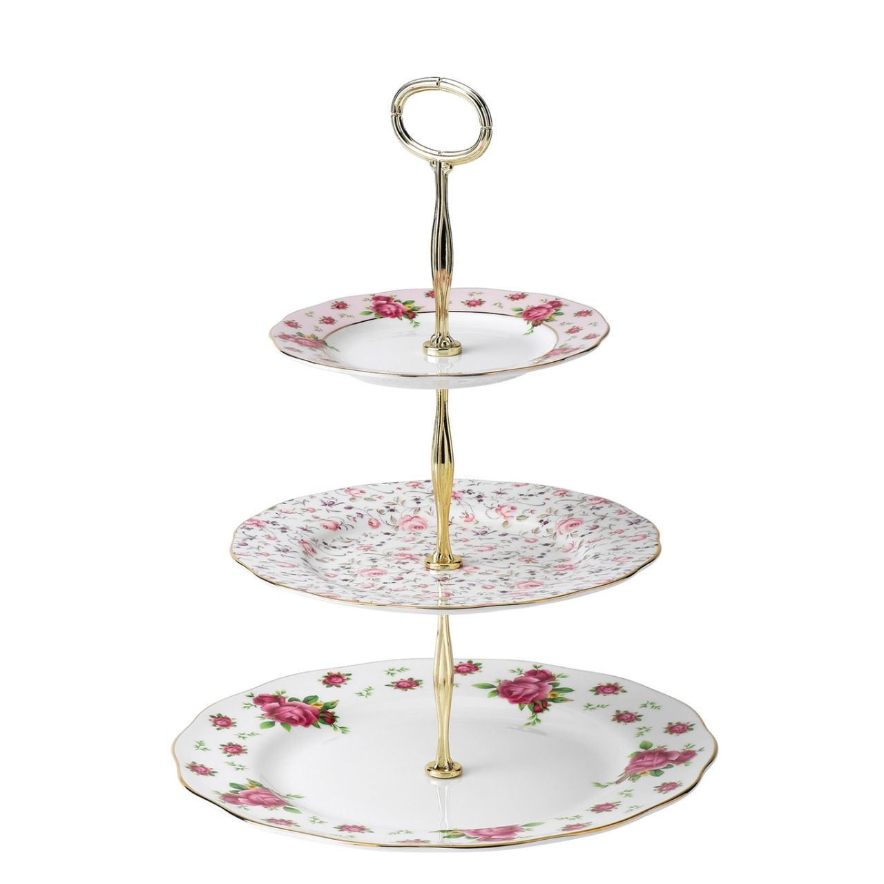 Wedgwood New Country Roses White Three Tier Cake Stand Boxed  Royal Albert New Country Roses white formal vintage 3- tier cake stand. Youthful and exuberant, this formal vintage 3-tier cake stand is rendered in fine bone china, and combines classic form with intricate detailing, vibrant colours and a lustrous gold rim.