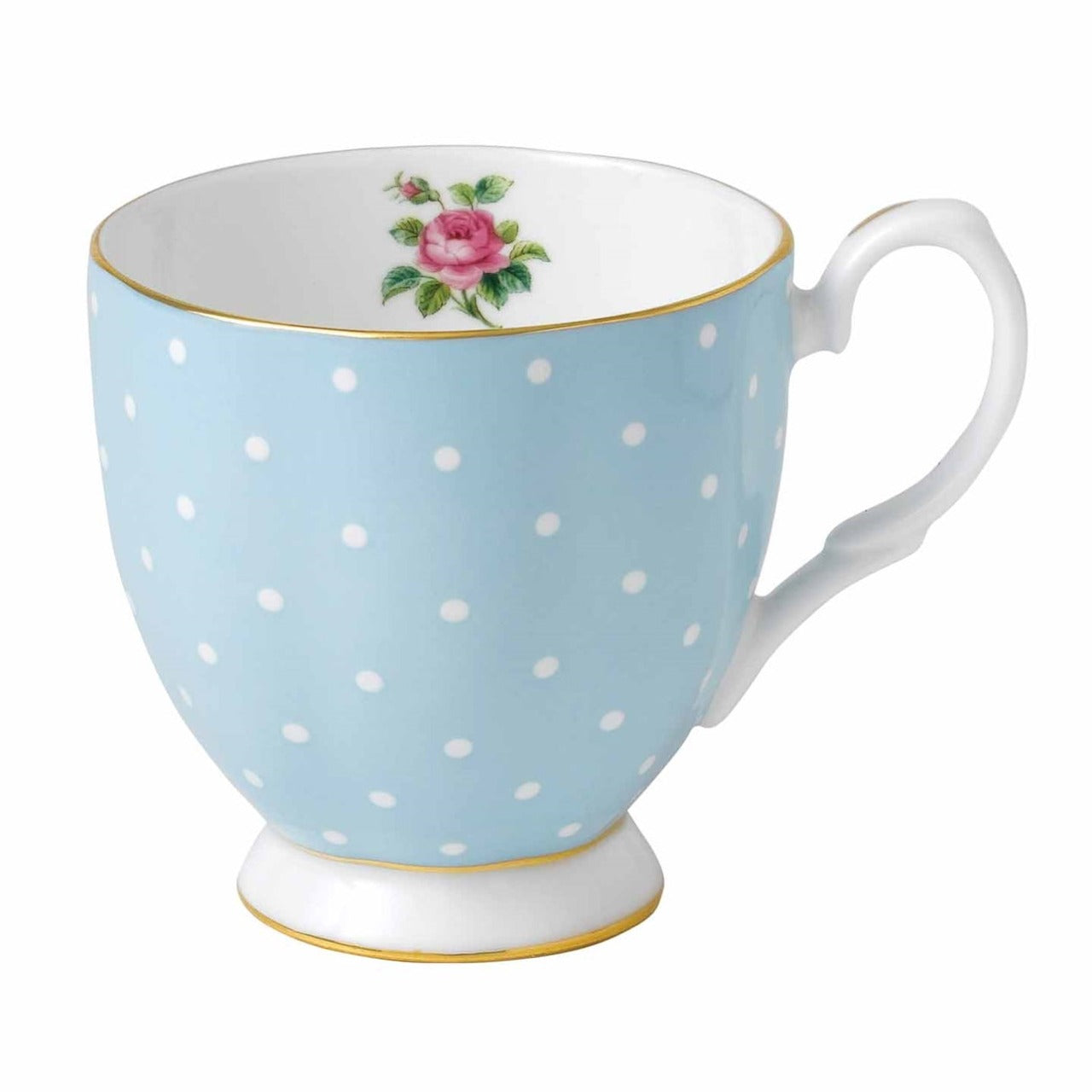 Wedgwood Royal Albert Polka Blue Mug  Vibrant and vivacious, Polka Blue is a beautiful addition to the vintage patterns that have made Royal Albert famous the world over. Youthful and exuberant, this collection is charmingly fashioned in fine bone china, and combines classic form with intricate detailing, vibrant colours and a lustrous gold rim.